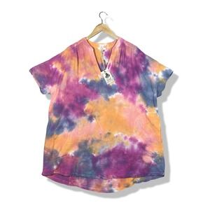 Easel Tie Dye Gauze V Neck Short Sleeve Tunic Dress Women Size L Beachy Flowy
